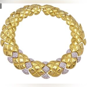 Vintage Chunky Wide Rhinestone Quilted Gold Tone Collar Chain Necklace